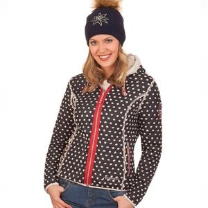 Austrian skiwear company Almgwand reversible ski jacket/ fleece & navy polkdot